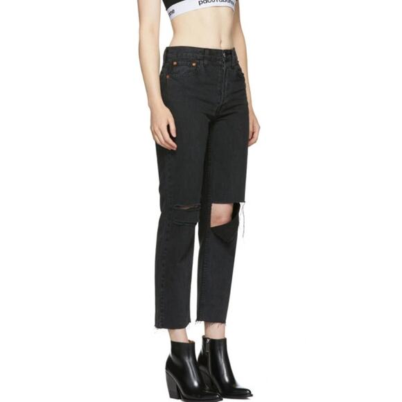 RE/DONE Women's Originals Stove Pipe Jeans 0/25 Washed Black Ripped Knee NWT - Picture 2 of 9